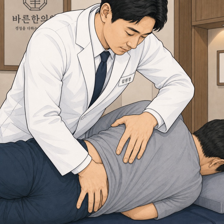 Cligent가 생성한 치료 장면 이미지 — 한의사가 엎드린 환자의 허리에 추나 치료를 시행하는 모습